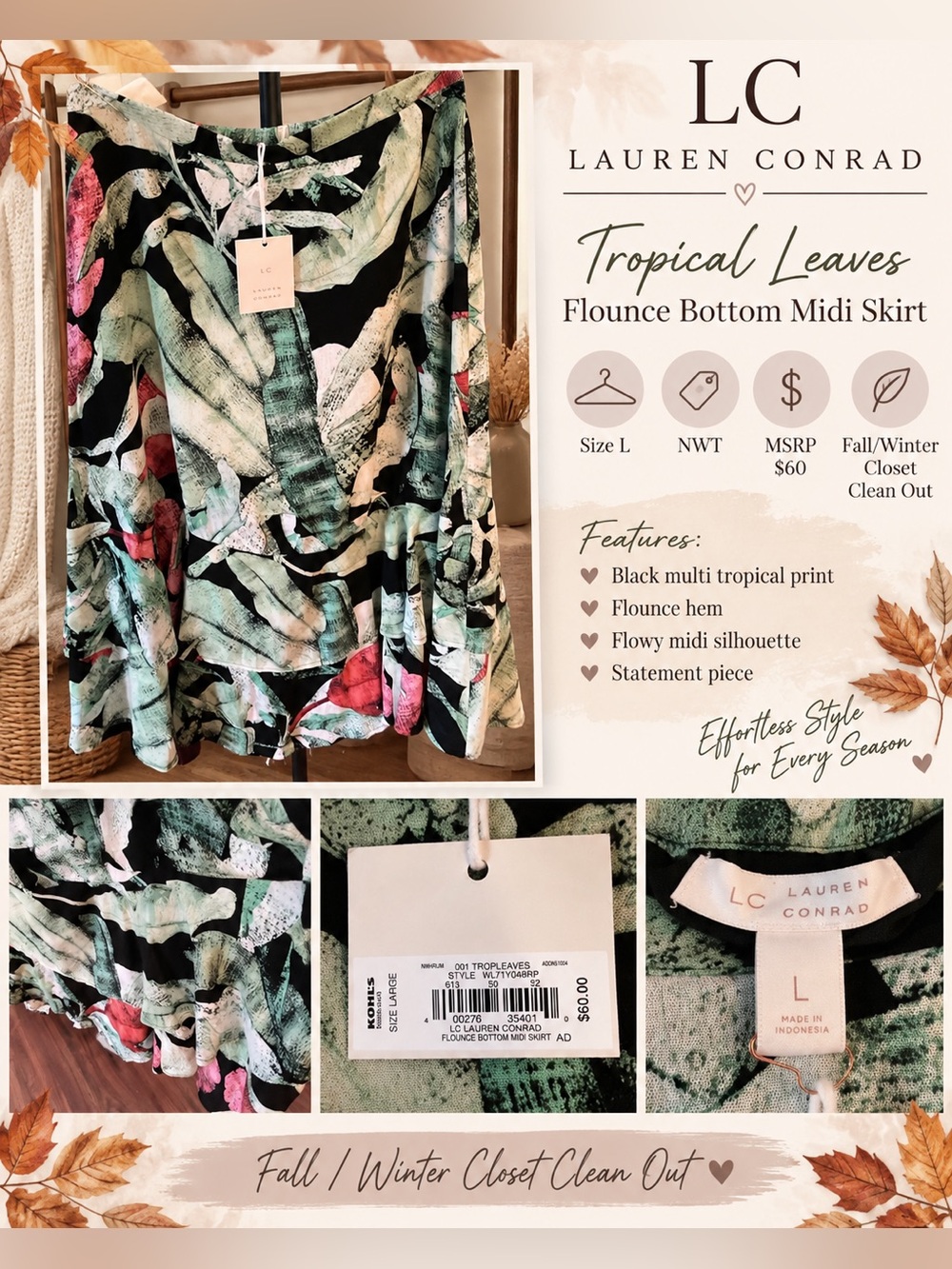 LC Lauren Conrad Black Tropical Leaves Flounce Midi Skirt - Multi